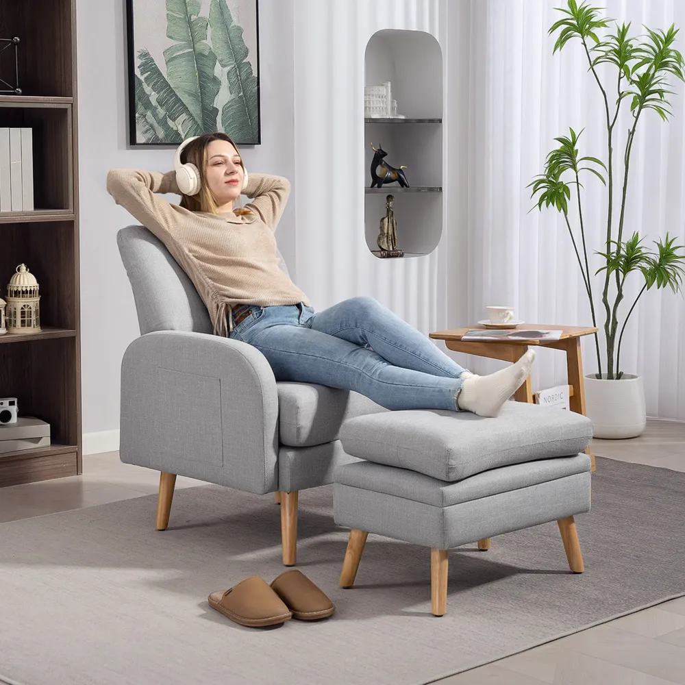 Fauteuil de relaxation avec repose-pied, fauteuil TV avec coussins, 2 poches de rangement, support jusqu'à 120 kg, canapé...