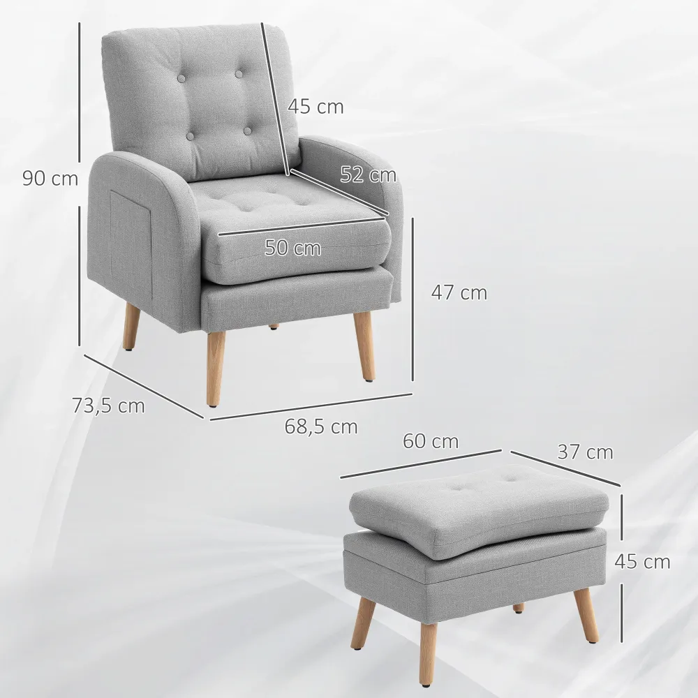 Fauteuil de relaxation avec repose-pied, fauteuil TV avec coussins, 2 poches de rangement, support jusqu'à 120 kg, canapé...