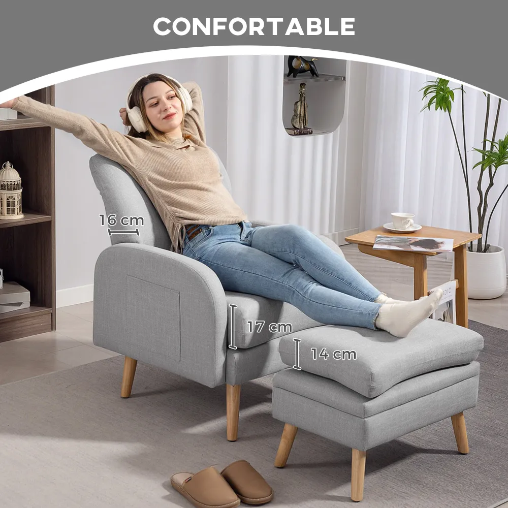 Fauteuil de relaxation avec repose-pied, fauteuil TV avec coussins, 2 poches de rangement, support jusqu'à 120 kg, canapé...
