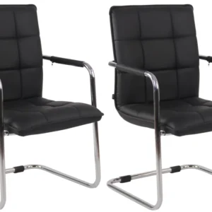 Lot de 2 fauteuils de bureau visiteur accoudoirs conférence en VINYLE noir piètement luge en métal chromé 10_0003116