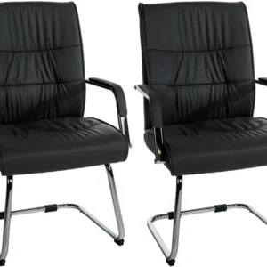 Lot de 2 fauteuils de bureau visiteur avec accoudoirs ergonomique en similicuir noir structure en métal chromé 10_0007711