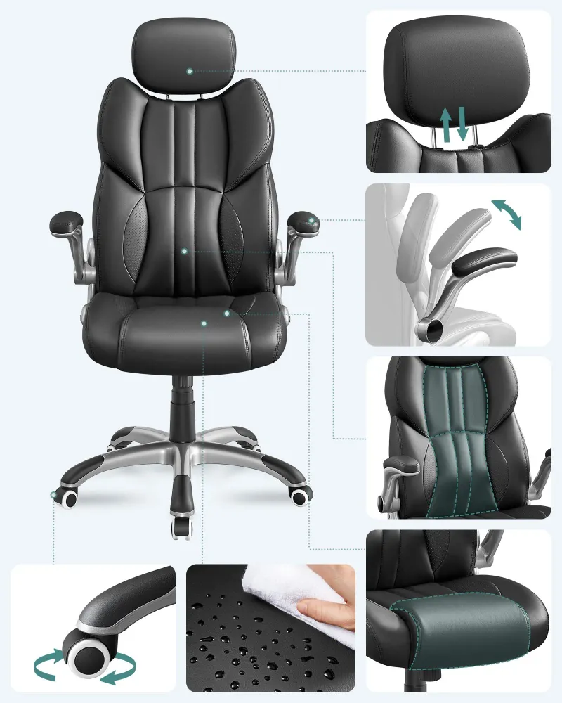 Siège de bureau pivotant fauteuil ergonomique avec accoudoirs pliables piètement en étoile en polyamide charge maximale 15...