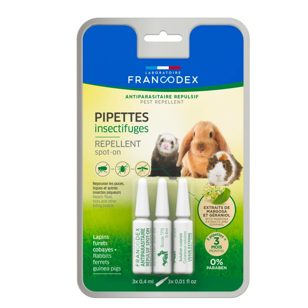 3 pipettes insectifuges lapins, furets et cobayes. adhésif haute adhérence