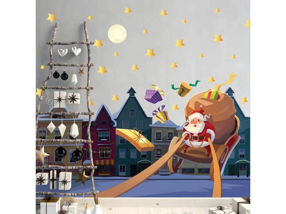 Sticker Noël le père noël dans la ville - Autocollants stickers adhésifs noël - décoration fêtes - 80x120cm pour emballage...