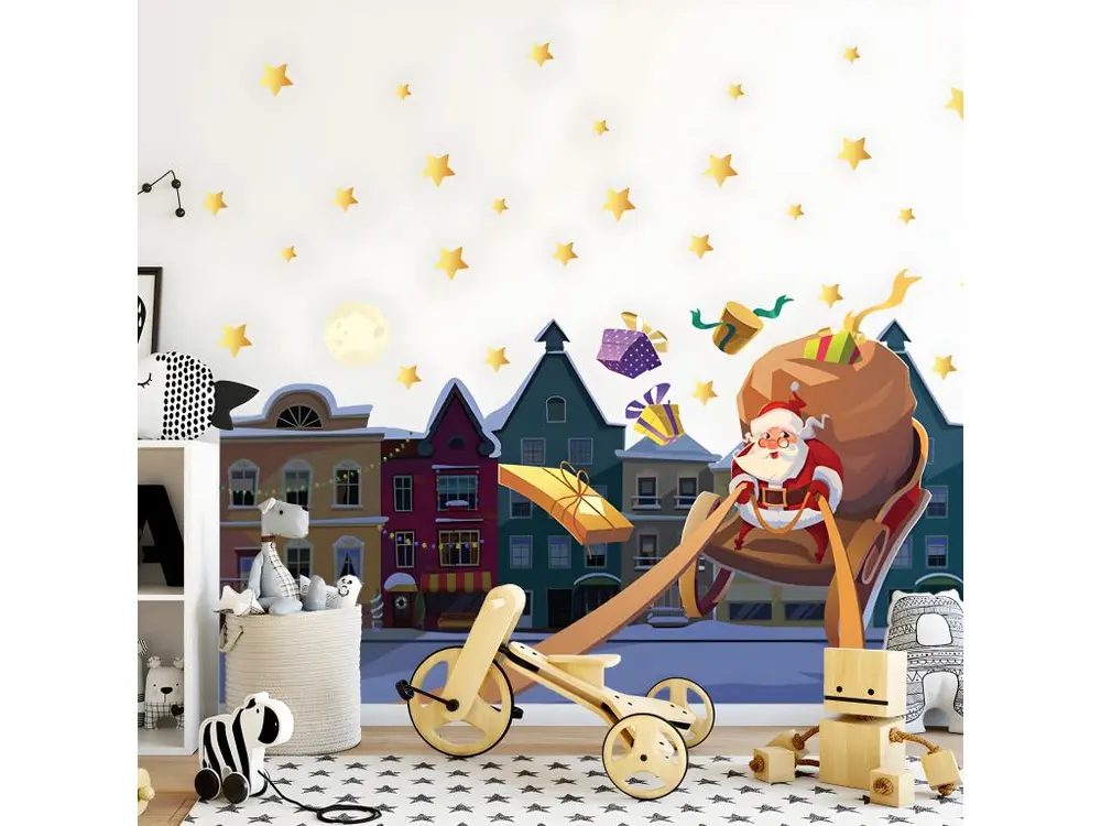 Sticker Noël le père noël dans la ville - Autocollants stickers adhésifs noël - décoration fêtes - 80x120cm pour emballage...