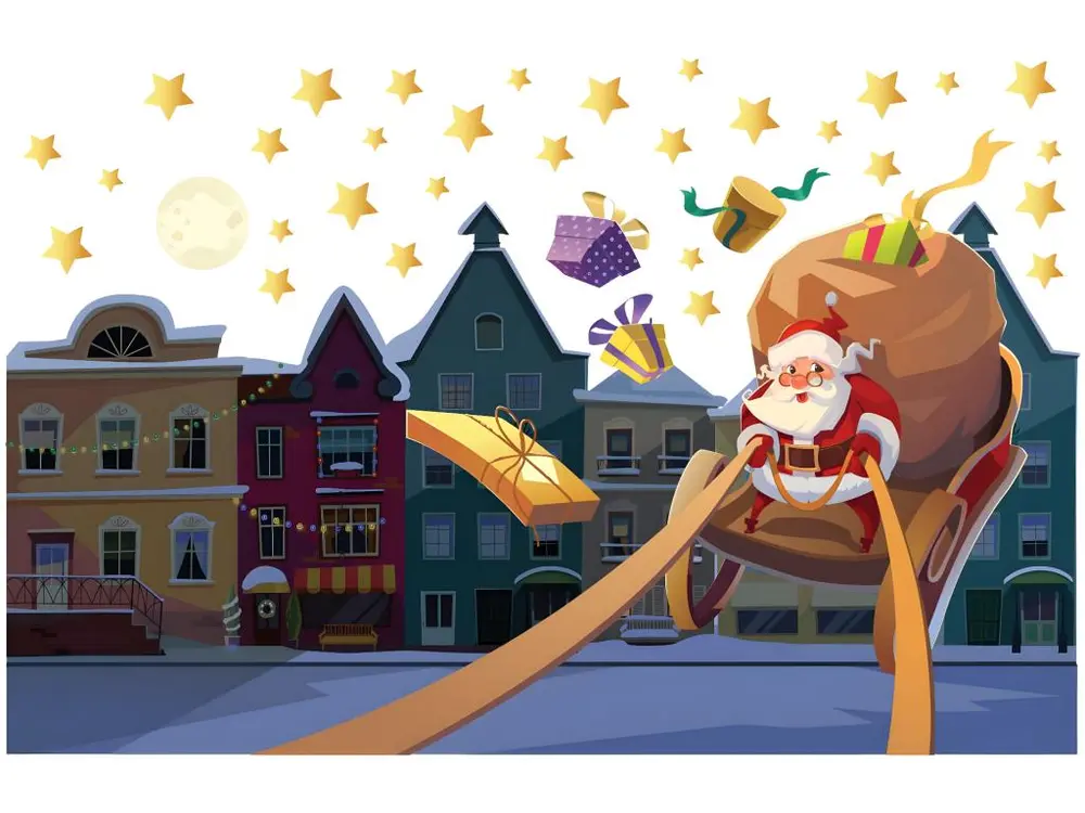 Sticker Noël le père noël dans la ville - Autocollants stickers adhésifs noël - décoration fêtes - 80x120cm pour emballage...