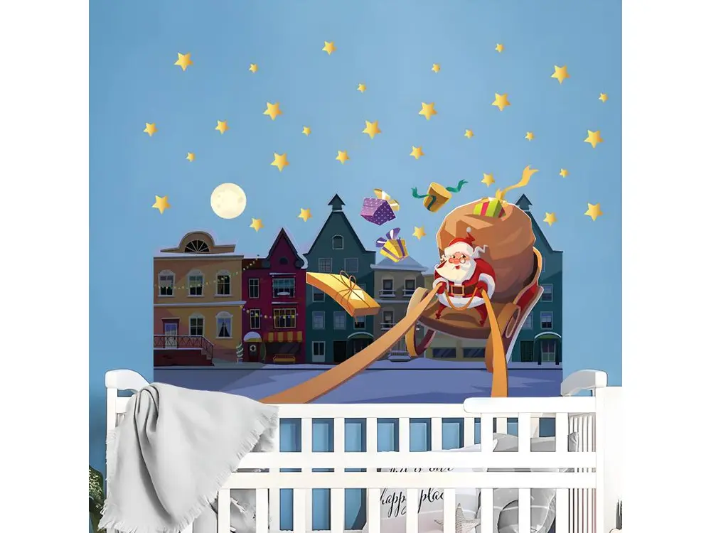 Sticker Noël le père noël dans la ville - Autocollants stickers adhésifs noël - décoration fêtes - 80x120cm pour emballage...