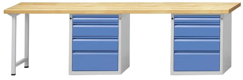 Établi combiné ANKE 2 postes de travail; 2800x700mm; RAL7035 / 5012; Au environnement et à droite 1 armoire plinthe 4 tiro...