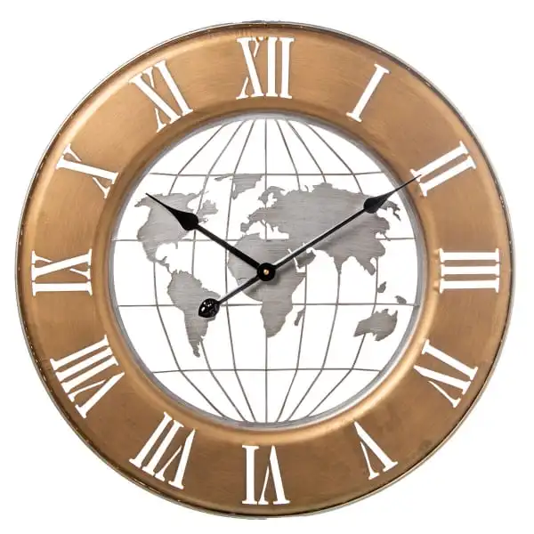 Horloge Murale Mappemonde Marron et Argentée pour Étudiants