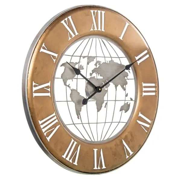 Horloge Murale Mappemonde Marron et Argentée pour Étudiants