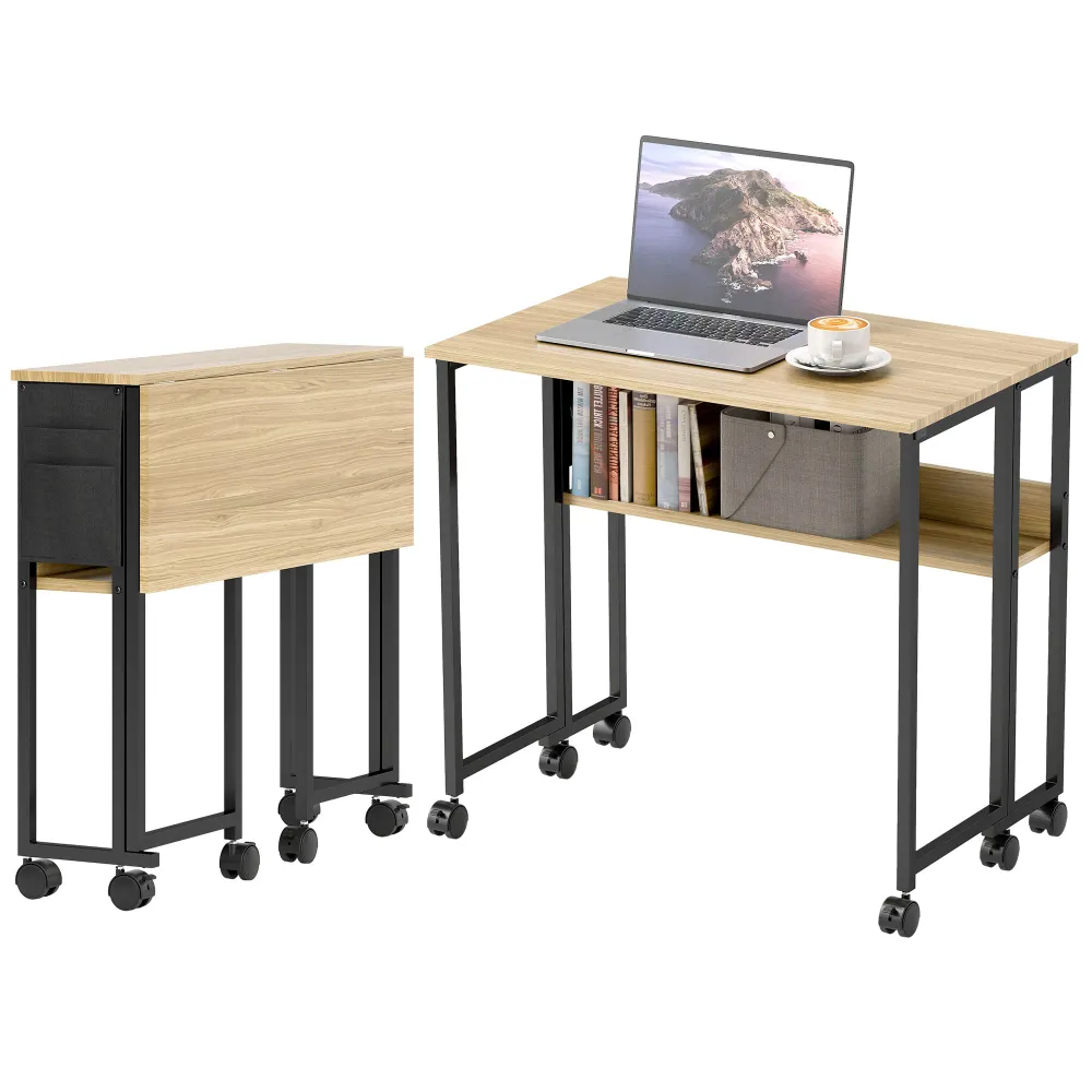 Bureau pliable sur roulettes, table d'ordinateur 80 x 50 cm avec étagère et sac de rangement, table d'étude pour bureau à...