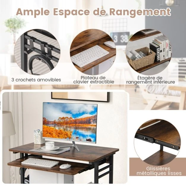 Porte-stylos magnétique Bureau d'ordinateur à roulettes bureau informatique mobile avec plateau clavier extractible pour b...