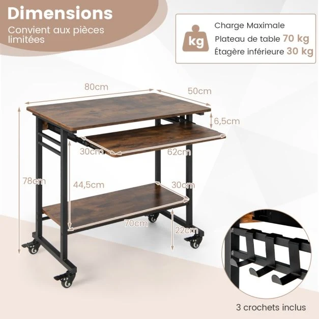 Porte-stylos magnétique Bureau d'ordinateur à roulettes bureau informatique mobile avec plateau clavier extractible pour b...