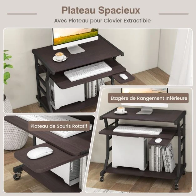 Range-câbles adhésif Bureau d'ordinateur à roulettes pour petits espaces bureau d'ordinateur mobile de 75 cm plateau pour...