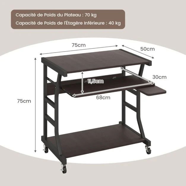Range-câbles adhésif Bureau d'ordinateur à roulettes pour petits espaces bureau d'ordinateur mobile de 75 cm plateau pour...