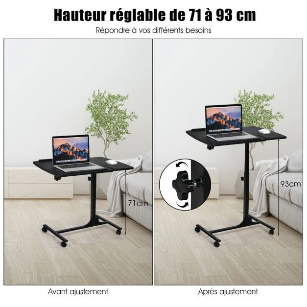 Table d’ordinateur pliable 71-93 cm hauteur réglable avec 4 roulettes tablette surface couleur noir 20_0005381 pour Espace...
