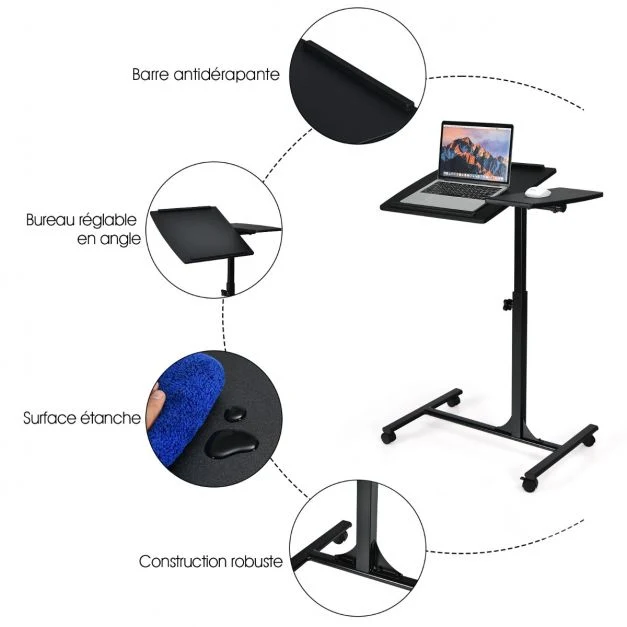 Table d’ordinateur pliable 71-93 cm hauteur réglable avec 4 roulettes tablette surface couleur noir 20_0005381 Set d'organ...