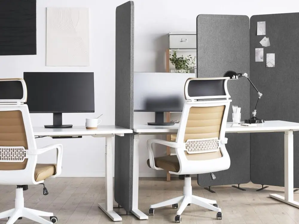 Séparateur acoustique 3 panneaux 184 x 184 cm gris STANDI compatible avec PowerPoint