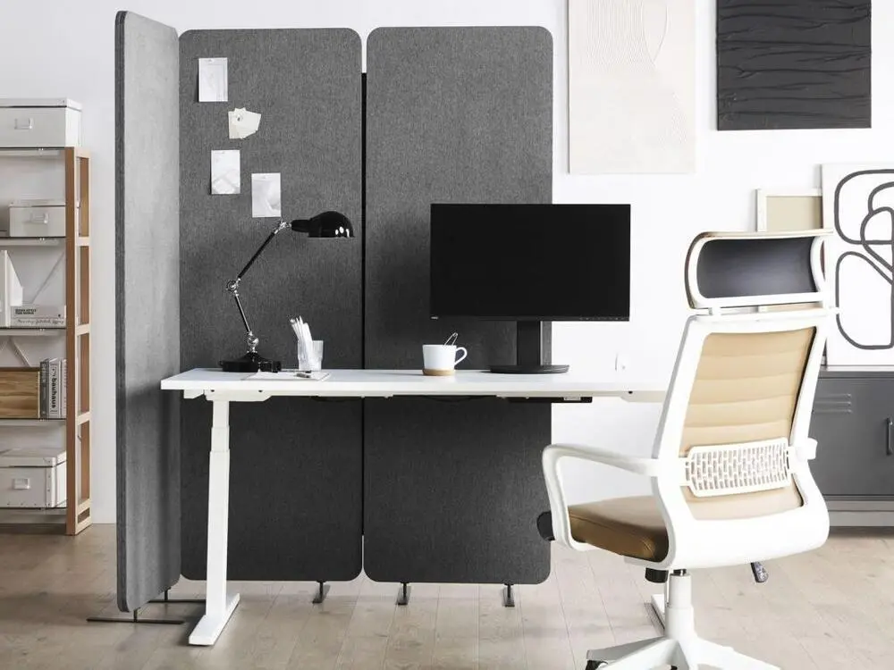 Séparateur acoustique 3 panneaux 184 x 184 cm gris STANDI compatible avec PowerPoint