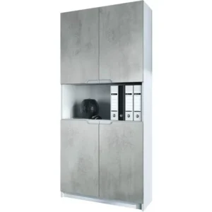 Armoire de rangement avec 5 compartiments et 4 portes, blanc mat/aspet béton oxyde (82 x 184 x 37 cm) en Acier et bois