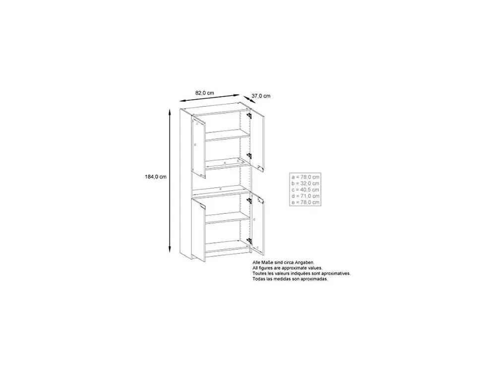 Armoire de rangement avec 5 compartiments et 4 portes, blanc mat/aspet béton oxyde (82 x 184 x 37 cm) en Acier et bois