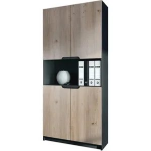 Armoire de rangement avec 5 compartiments et 4 portes, noir mat/chêne nordique (82 x 184 x 37 cm) | Livraison Rapide