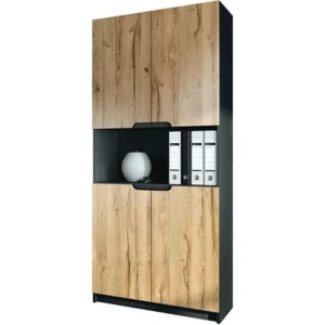 Armoire de rangement avec 5 compartiments et 4 portes, noir mat/chêne nature (82 x 184 x 37 cm) | Montage facile |