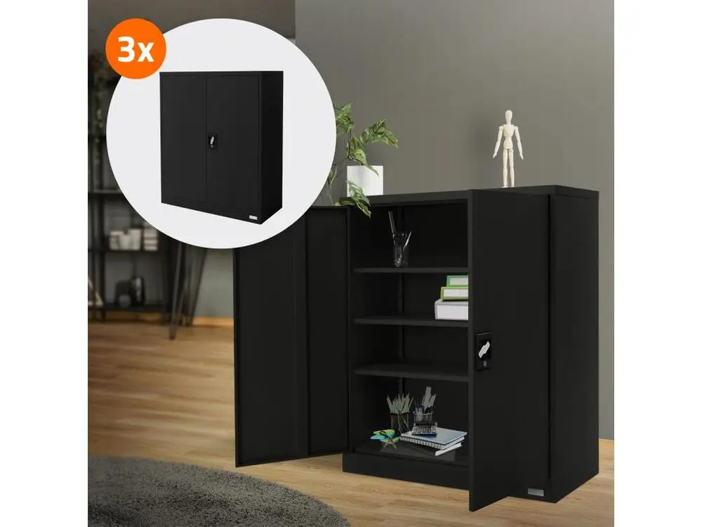 3 Armoires bureau en acier noir meuble à dossiers portes battantes 90x40x109 cm | Livraison Rapide