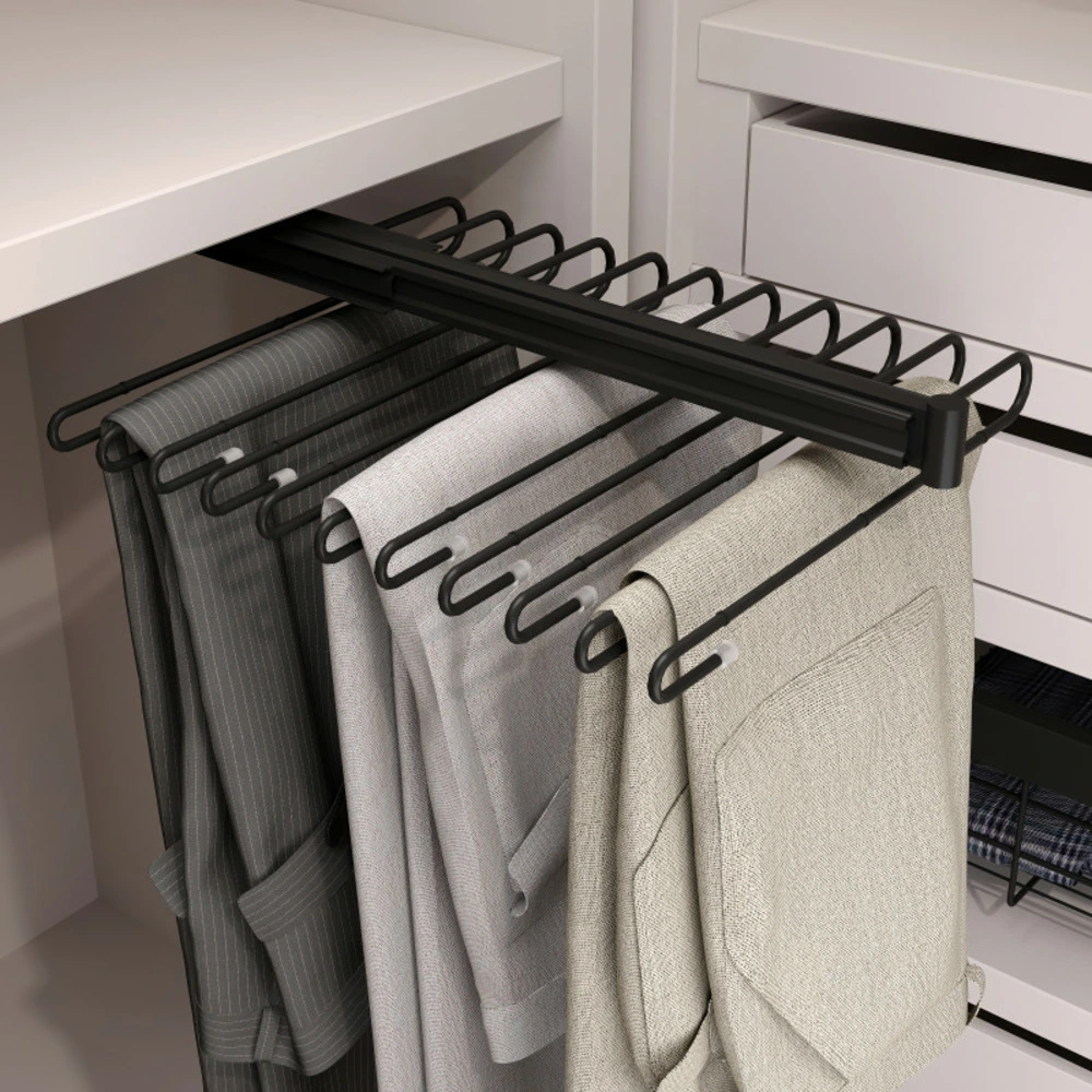 Emuca 7017814 porte pantalons extractible, peint en noir, acier. Couleur assortie au bureau