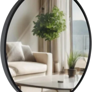 Miroir mural rond 45 cm cadre minimaliste noir 3 cm design tendance fixation murale incluse 10_0008525