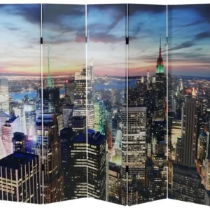 Paravent séparateur de pièce 5 pans 30 LED 180x200cm motif Neuf York PAR04021