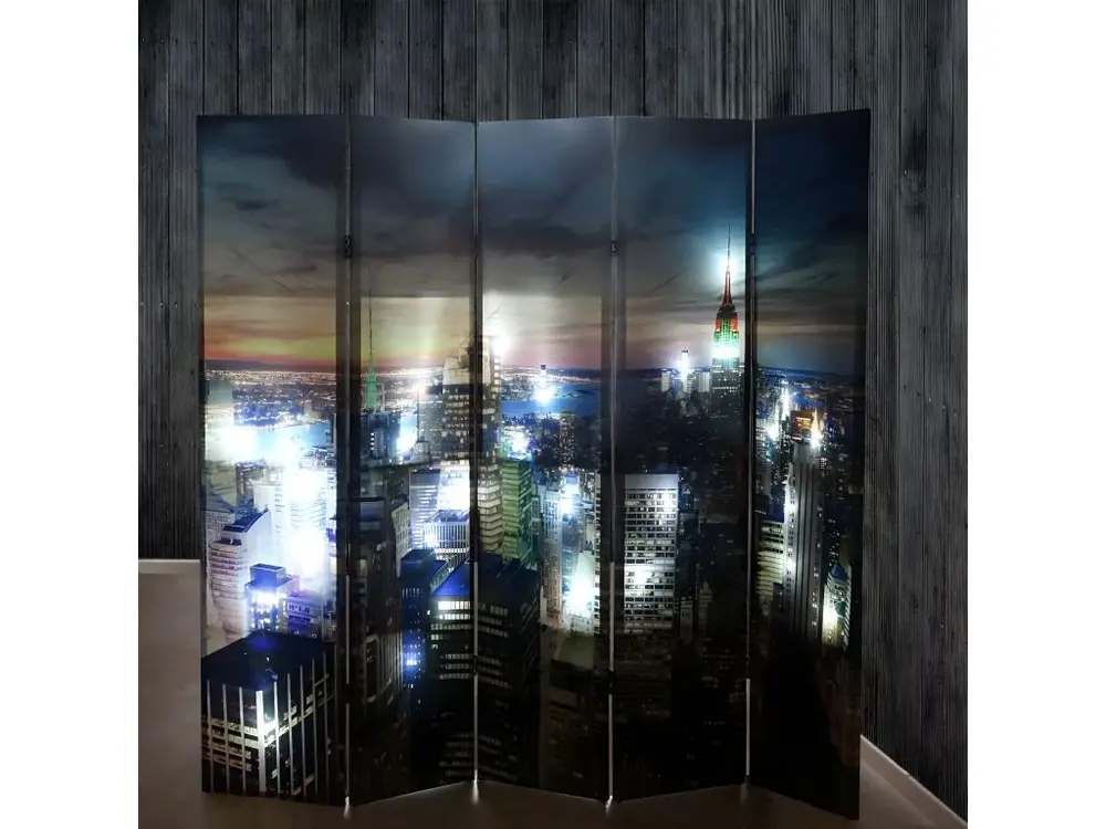 Paravent séparateur de pièce 5 pans 30 LED 180x200cm motif Neuf York PAR04021