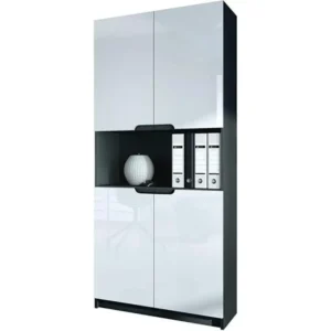 Porte-documents vertical Armoire de rangement avec 5 compartiments et 4 portes, noir mat/blanc haute brillance (82 x 184 x...