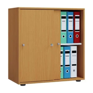 Porte-stylos magnétique Lona L armoire de bureau avec 2 portes coulissantes et serrure, imitation hêtre.