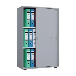 Support pour écran Lona XL Armoire de bureau avec 2 portes coulissantes et serrure, gris.