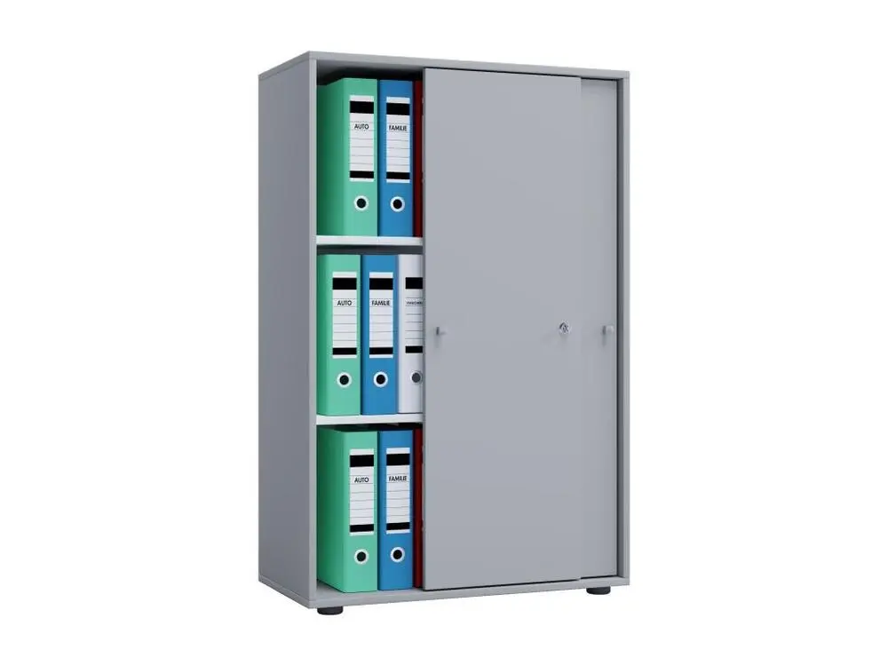 Support pour écran Lona XL Armoire de bureau avec 2 portes coulissantes et serrure, gris.
