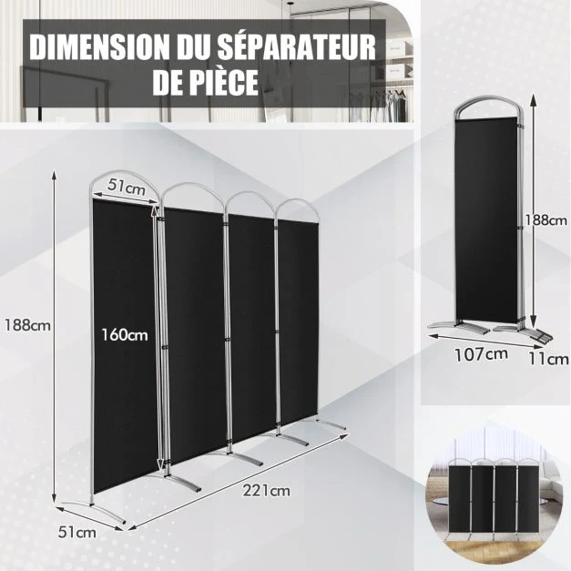 Paravent de confidentialité pliant à 4 panneaux séparateur de pièce de 188 cm de haut séparateur d'écran en tissu autoport...