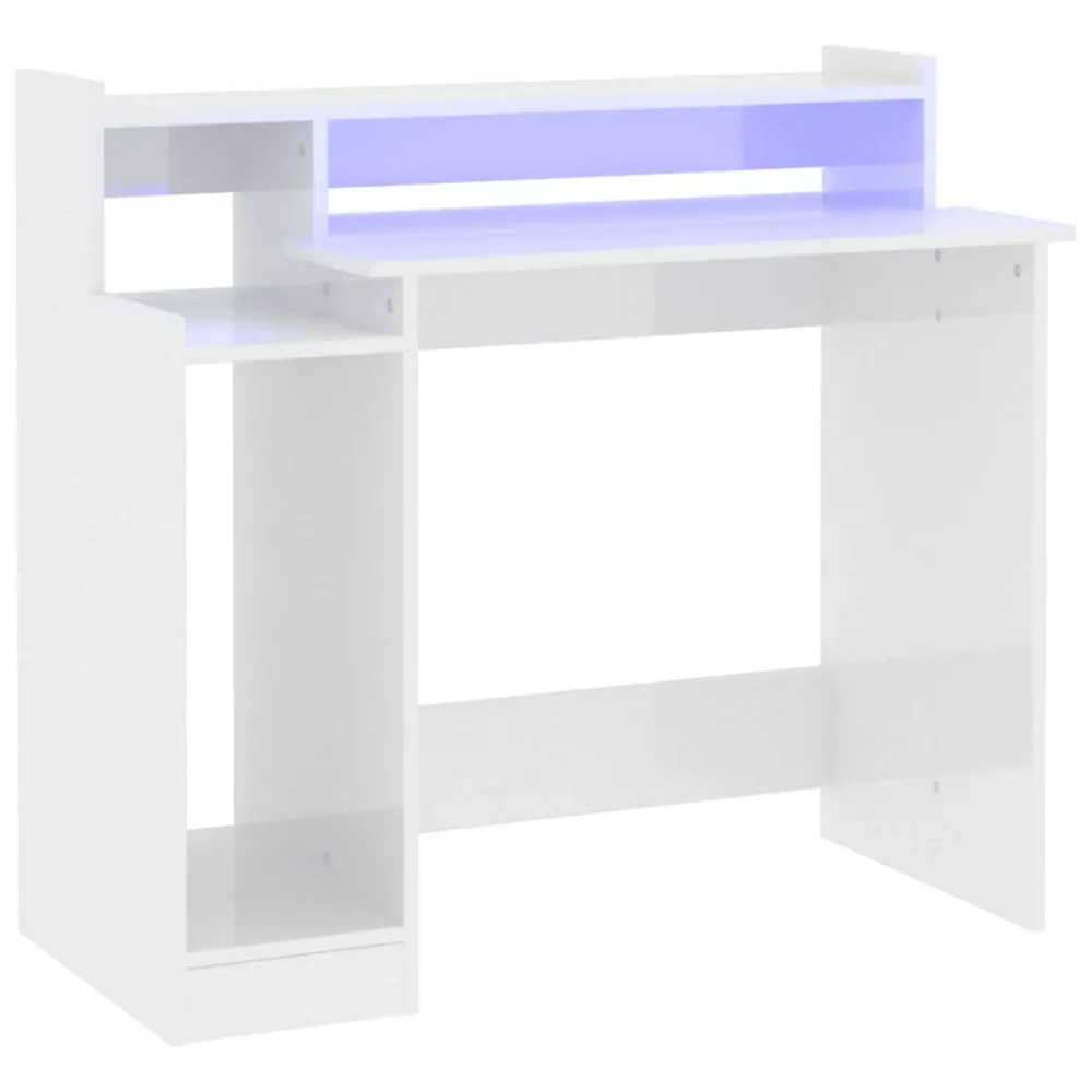 Bureau avec rangement Bureau table poste de travail meuble d'ordinateur informatique étude lumières LED brillant 97 x 45 x...