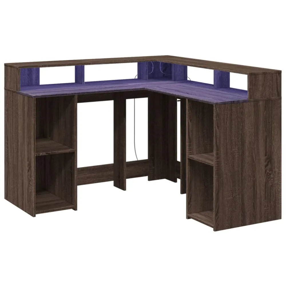 Bureau à caisson Bureau table poste de travail meuble d'ordinateur informatique étude et lumières LED chêne bois d'ingénie...