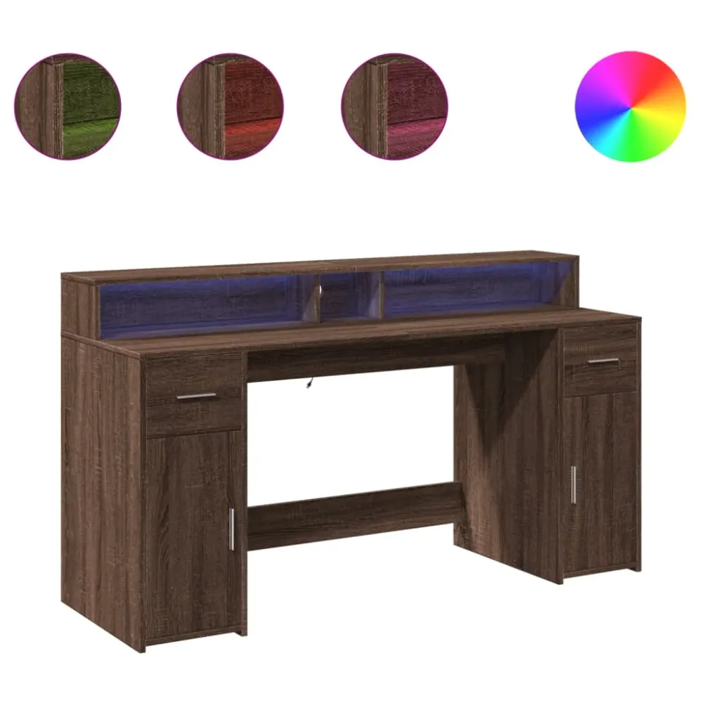 Bureau compact Bureau table poste de travail meuble d'ordinateur informatique étude et lumières LED chêne bois d'ingénieri...
