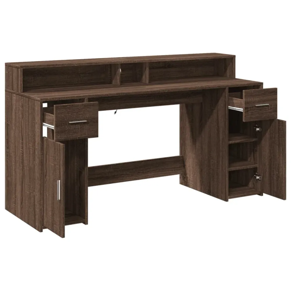 Bureau compact Bureau table poste de travail meuble d'ordinateur informatique étude et lumières LED chêne bois d'ingénieri...