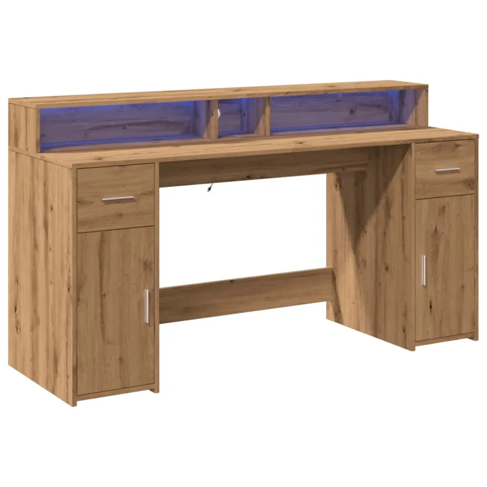 Bureau pour ordinateur Bureau table poste de travail meuble d'ordinateur informatique étude avec lumières LED chêne artisa...