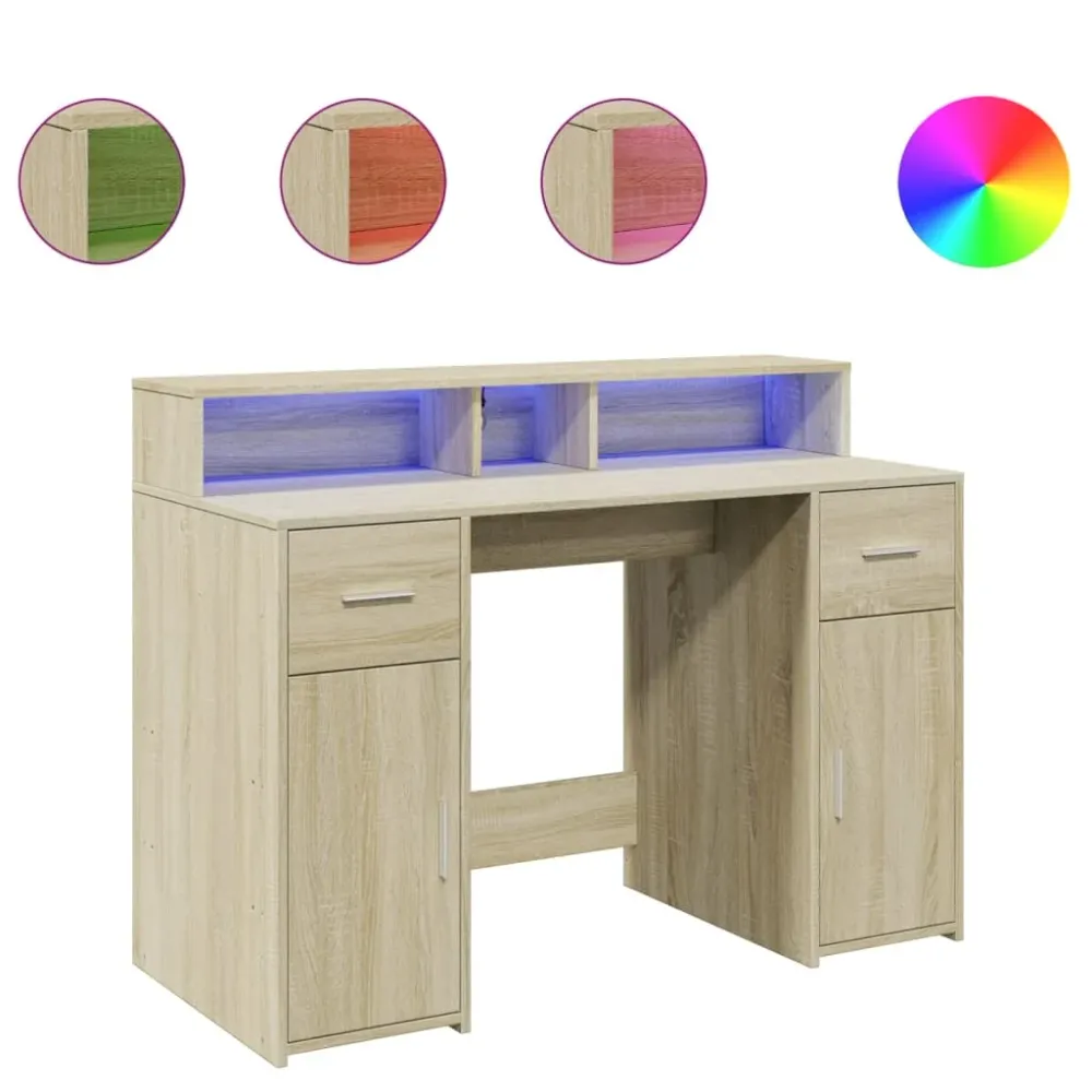 Bureau table poste de travail meuble d'ordinateur informatique étude avec lumières LED chêne sonoma bois d'ingénierie brun...