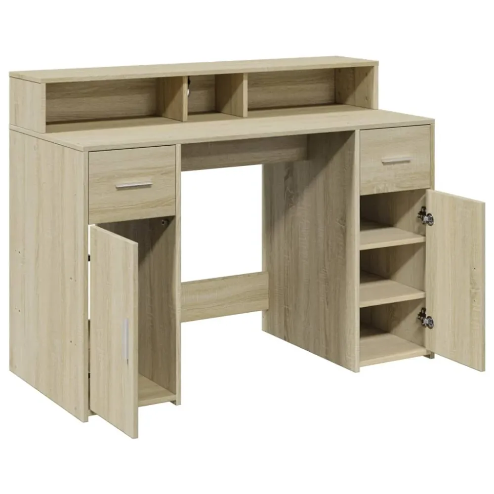 Bureau table poste de travail meuble d'ordinateur informatique étude avec lumières LED chêne sonoma bois d'ingénierie brun...