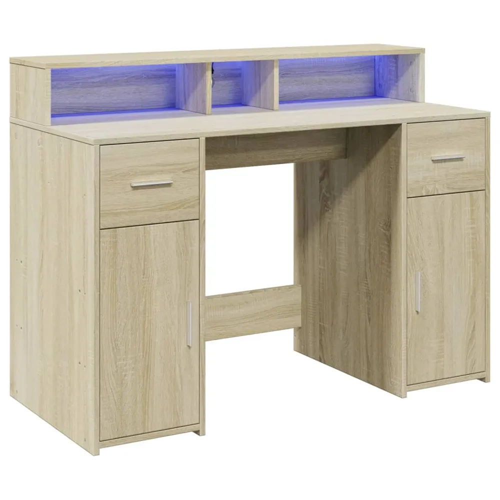 Bureau table poste de travail meuble d'ordinateur informatique étude avec lumières LED chêne sonoma bois d'ingénierie brun...