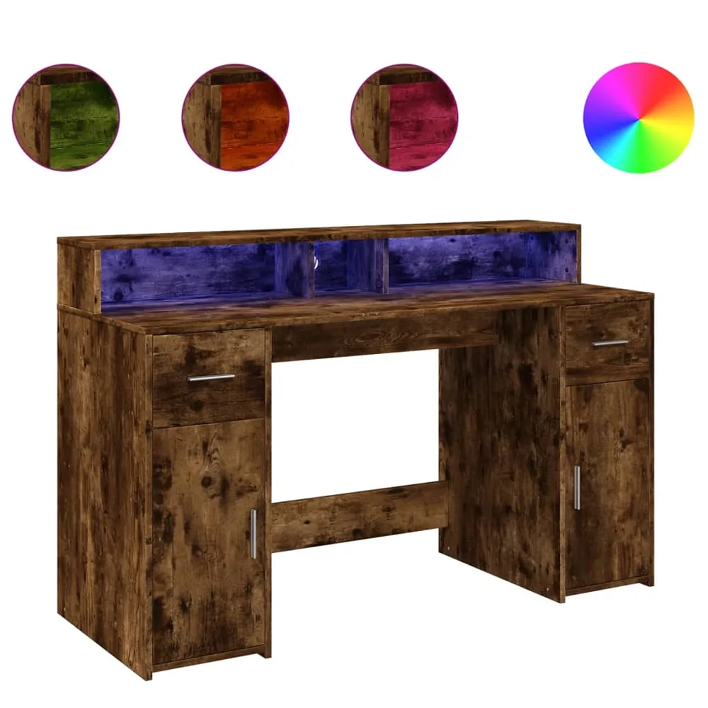 Bureau table poste de travail meuble d'ordinateur informatique étude et lumières LED chêne fumé 140 x 55 x 91cm bois d'ing...