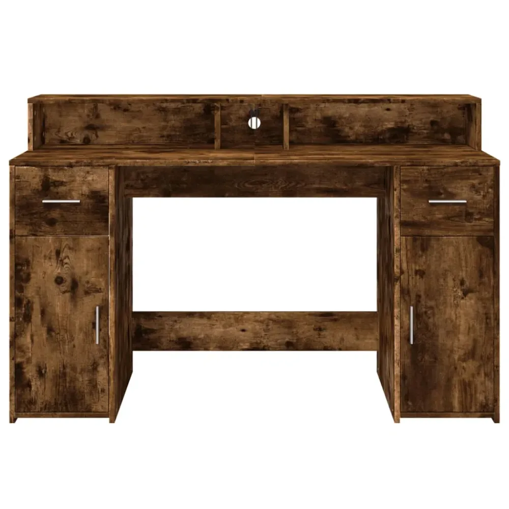 Bureau table poste de travail meuble d'ordinateur informatique étude et lumières LED chêne fumé 140 x 55 x 91cm bois d'ing...