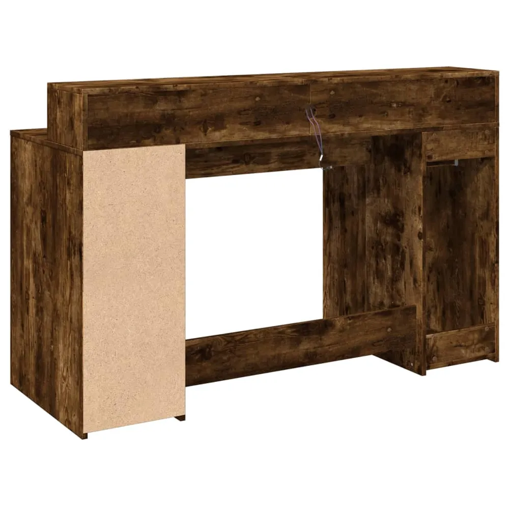Bureau table poste de travail meuble d'ordinateur informatique étude et lumières LED chêne fumé 140 x 55 x 91cm bois d'ing...