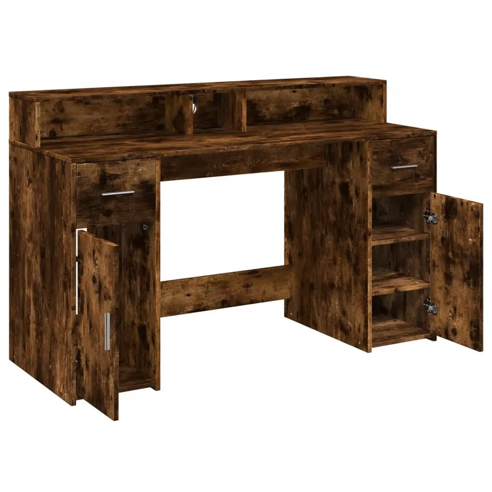 Bureau table poste de travail meuble d'ordinateur informatique étude et lumières LED chêne fumé 140 x 55 x 91cm bois d'ing...