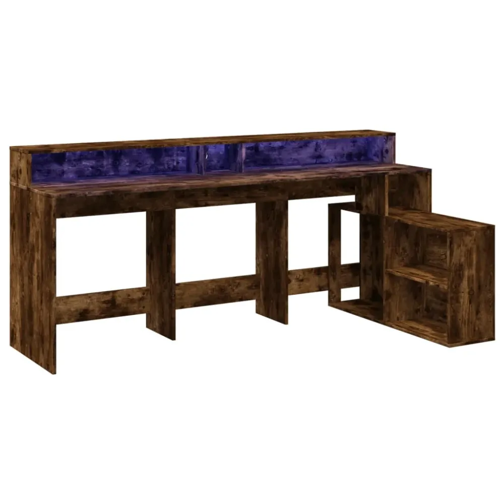 Bureau table poste de travail meuble d'ordinateur informatique étude et lumières LED chêne fumé 200 x 104 x 91cm bois ingé...